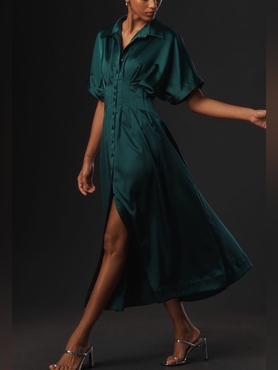 Anthropologie The Tobie Emerald Green Satin Maxi Shirt Dress by Exquise, Size M - Picture 2 of 13